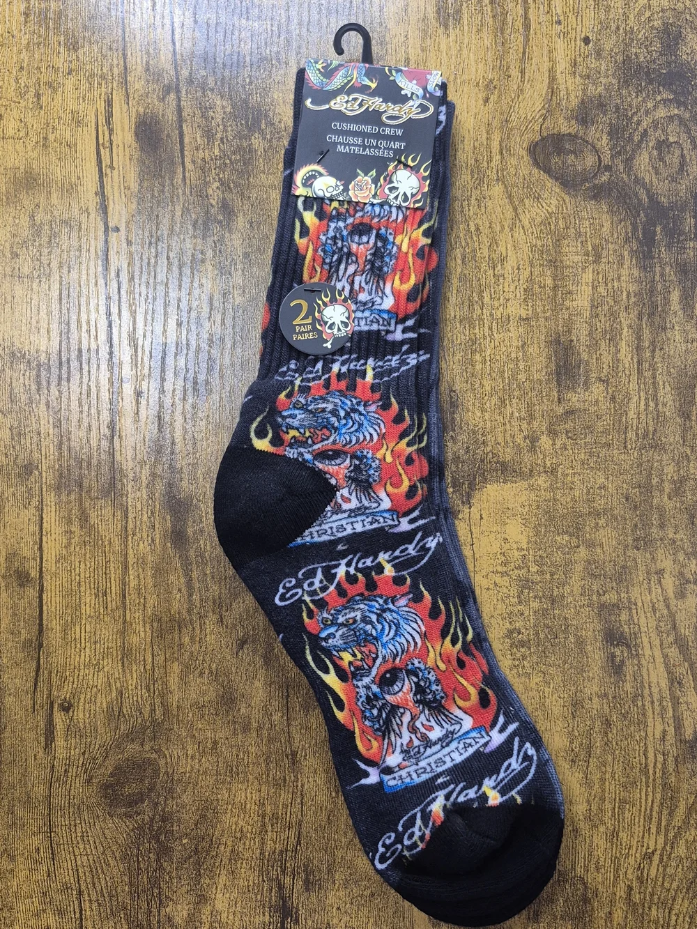 Ed Hardy Men’s Cushioned Crew Socks Tiger Flame 2-Pair Pack NWT